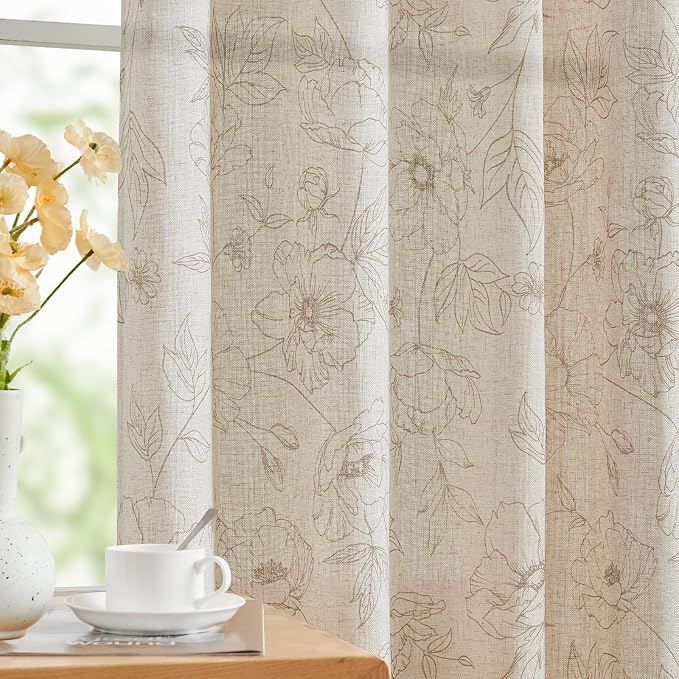 jinchan Floral Linen Curtains for Living Room 63 Inch Length Taupe Flower by JINCHAN