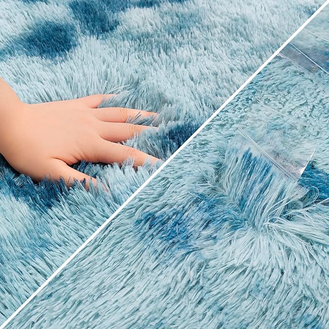 Super Soft Fluffy Living Room Area Rug 2x5 ft Tie-Dyed Light Blue Shaggy Furry - Image 6