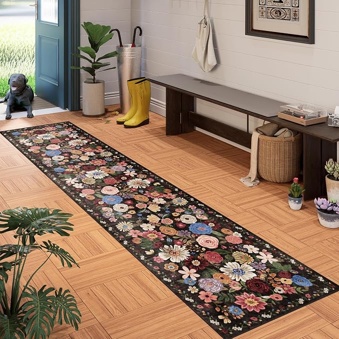 Floral Hallway Runner Black/Brown Carpet Non-Slip, 2x10 Washable Rug Ultra-Thin - Image 6