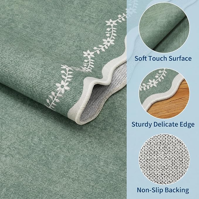 GarveeHome Scalloped Entryway Rug 2x3 Sage Green Washable Front Door Rug | - Image 4