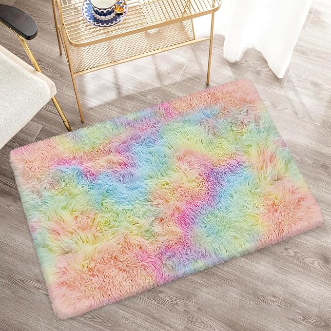 Small Fluffy Rainbow Colorful Area Rug - Image 5