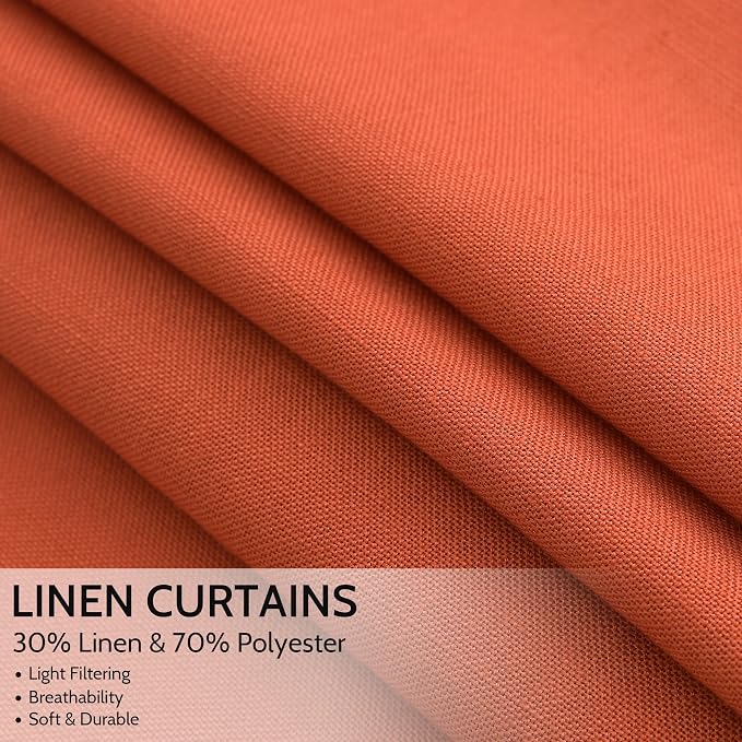 Nanspring Bright Orange Linen Blend Light Filtering Back Tab Curtains 96 Inches - Image 2