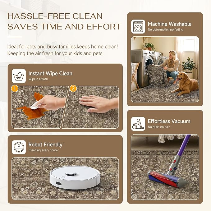 5ft Round Brown Vintage Floral Washable Rug - Image 8