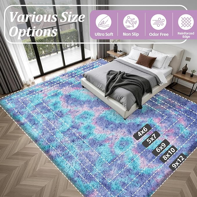 Area Rug Living Room Bedroom: 4x6 Fluffy Plush Shag Carpet Rainbow | - Image 9