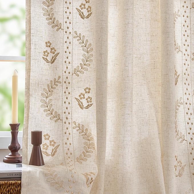 jinchan Belrose Lined Linen Blend Curtains Boho Floral Curtains by JINCHAN