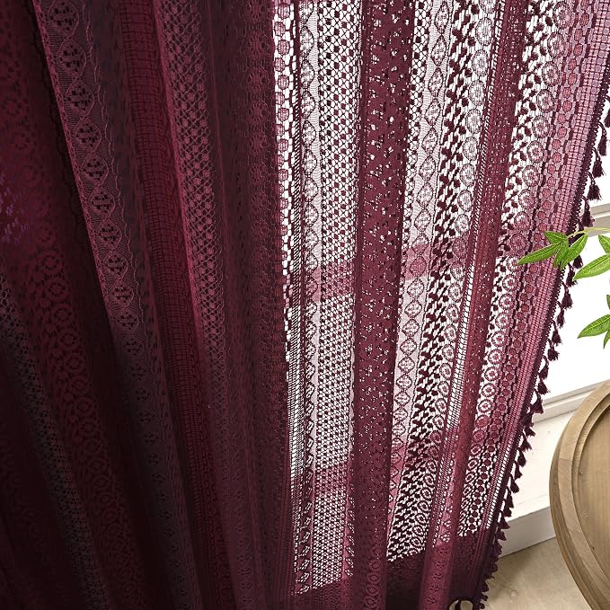 WAZZIO Boho Lace Curtains 63 Inches 2 Panel, Light Filtering Privacy Tassel & - Image 6