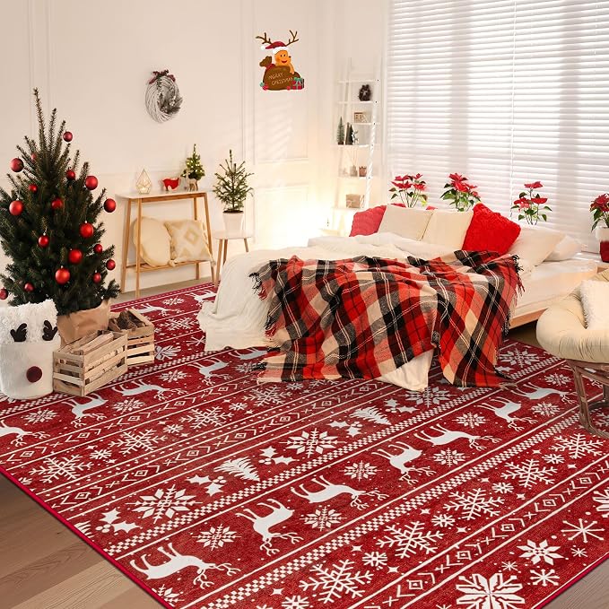 Christmas Rug 8x10 Washable Rugs, Boho Christmas Tree Snowflake Rug Non-Slip - Image 2