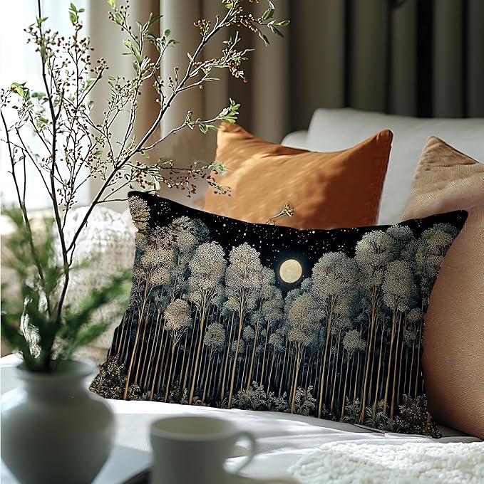 Rustic William Morris Inspired Night Forest Green Moon Pillow Covers 12x20 - Image 6