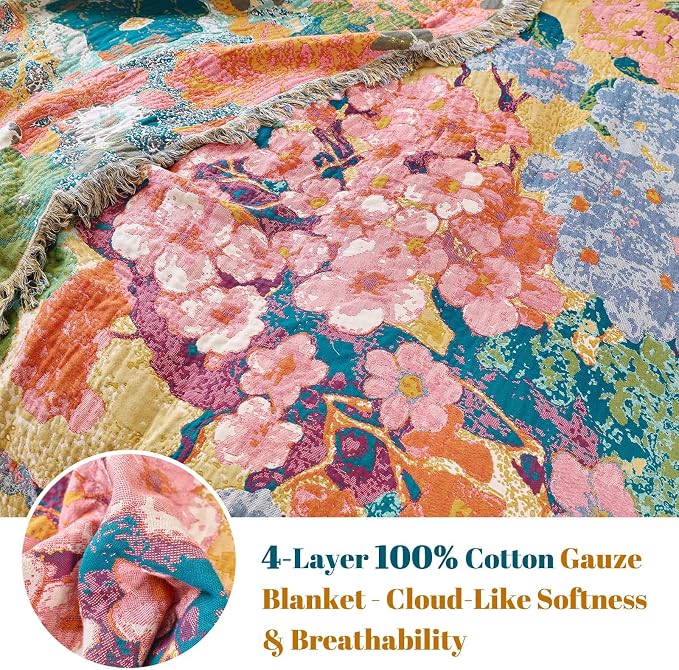 MSGKV Boho Throw Blanket for Bed 60"x80" Cotton Couch Blankets Floral Twin Size - Image 4