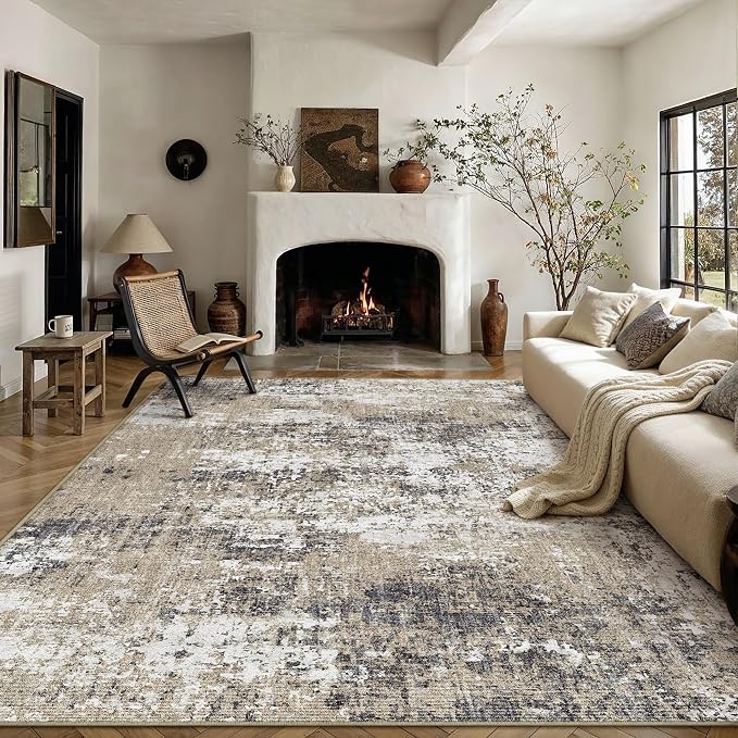 PureCozy 8x10 Abstract Area Rug Brown Washable Modern Neutral Living Room by PureCozy