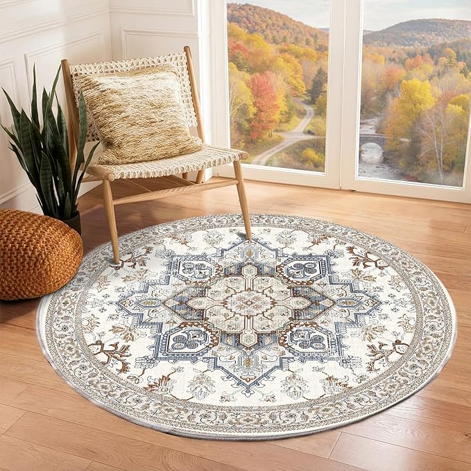 OPPODREAM Soft Round Rug 4ft, Neutral Washable Circle Rug 4ft by OPPODREAM