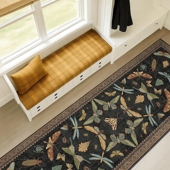 Black Insect 2'6"x12' Washable Extra Long Runner Rugs by HazoHaus