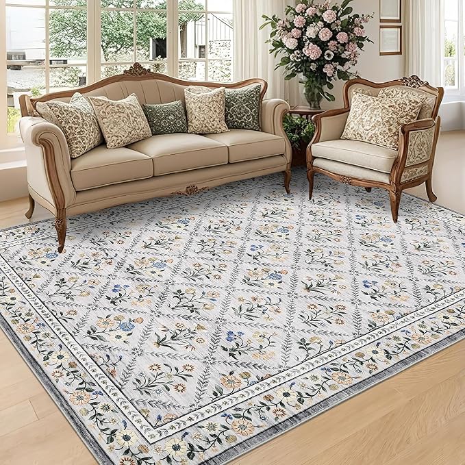 GarveeHome Grey Floral Rug 4x6 Rug Machine Washable Area Rug by GarveeHome
