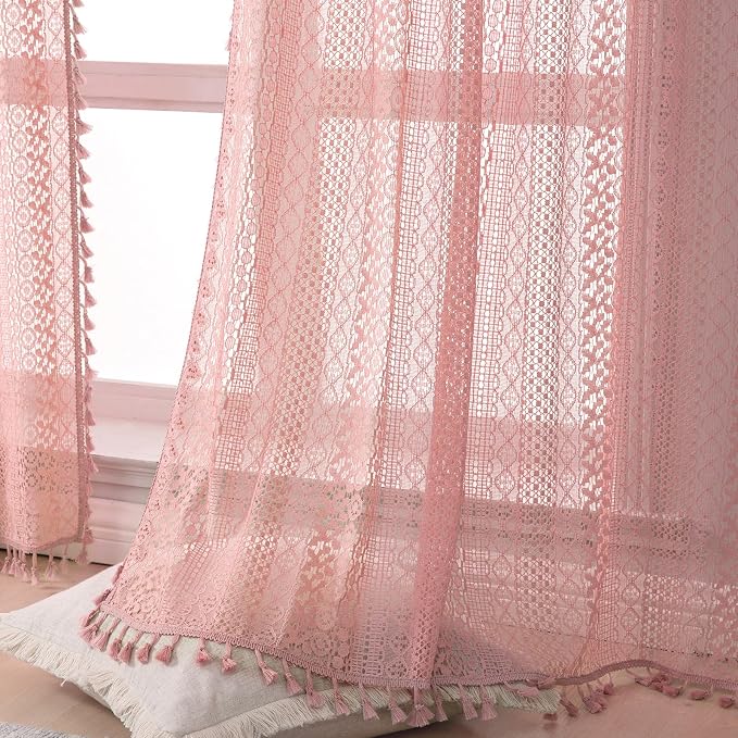 WAZZIO Boho Lace Curtains 84 Inches 2 Panel, Light Filtering Privacy Tassel & - Image 6