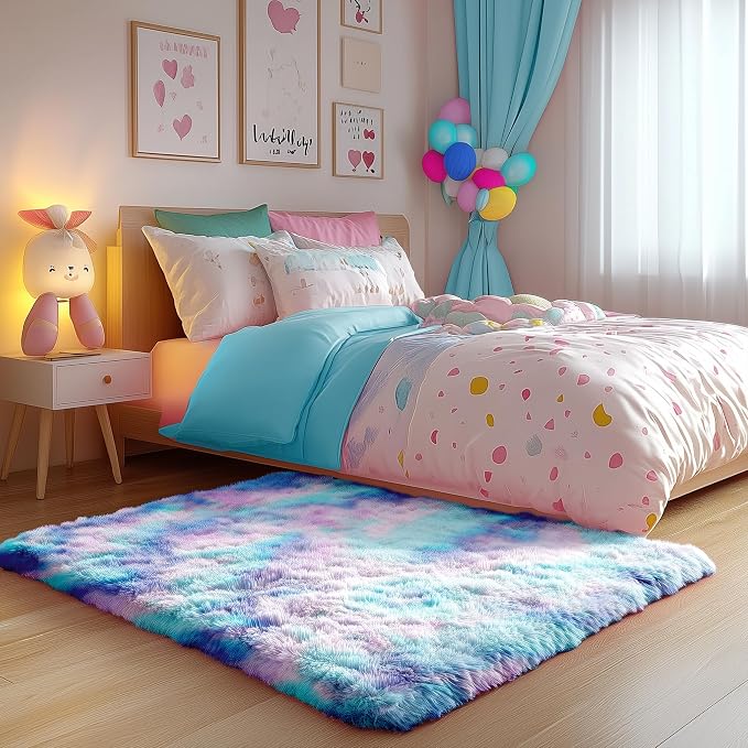 Plush Rainbow Accent Rugs for Bedroom Girls 2x3 Ft, Soft Purple Tent Rugs | - Image 5