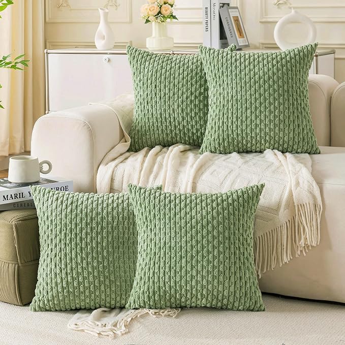 Set of 4 Sage Green Decorative Throw Pillow Covers 20x20 Inch Corduroy Pillow by Cozoomy
