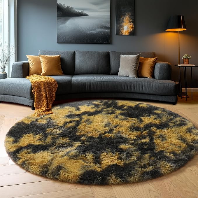 Amdrebio Black Gold Yellow Grey Round Circle Rugs 5Ft - Image 5