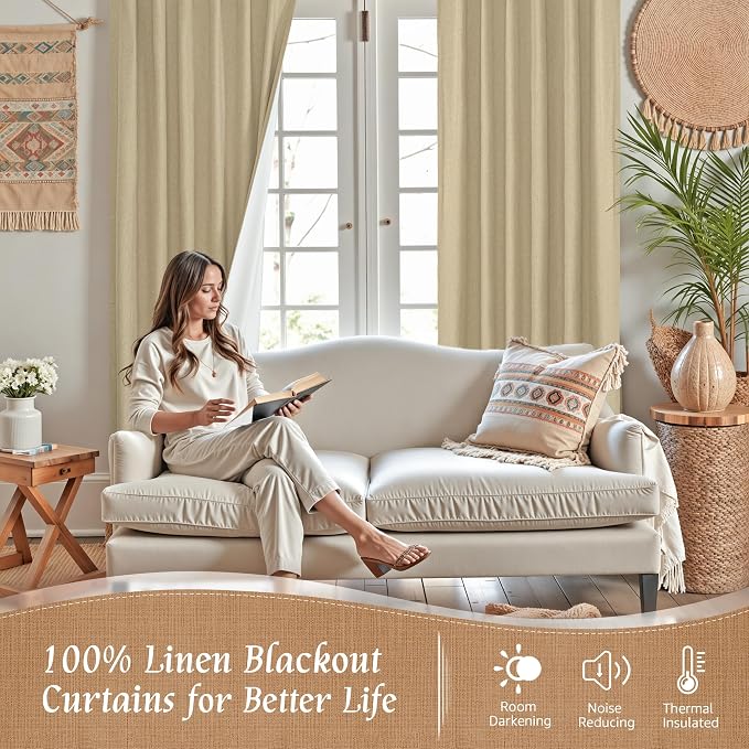 63 Inch 100% Blackout Linen Curtains - Image 2