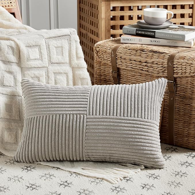Fancy Homi 2 Packs Neutral Grey Lumbar Decorative Throw Pillow Covers 16x32 Inch - Image 2
