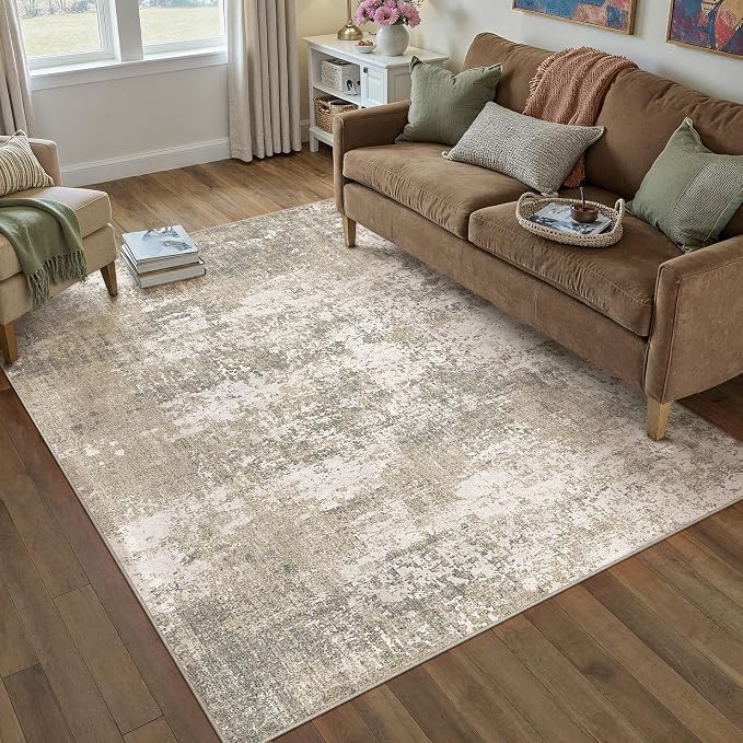 Beige Area Rug 4x6 Machine Washable Modern Abstract Office Carpet Neutral Non - Image 4