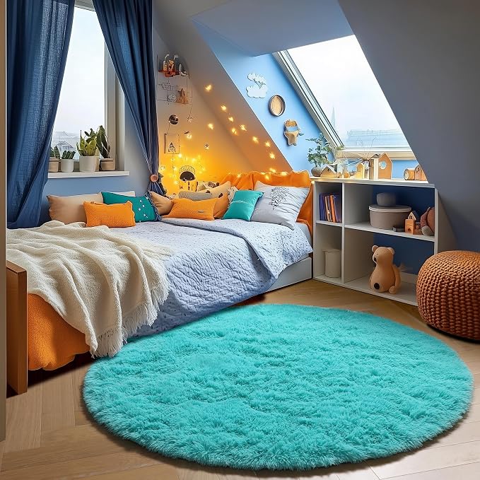 ONASAR Teal Blue Round Area Rug 4ft, Soft Fluffy Bedroom Bedside Floor Circle by ONASAR