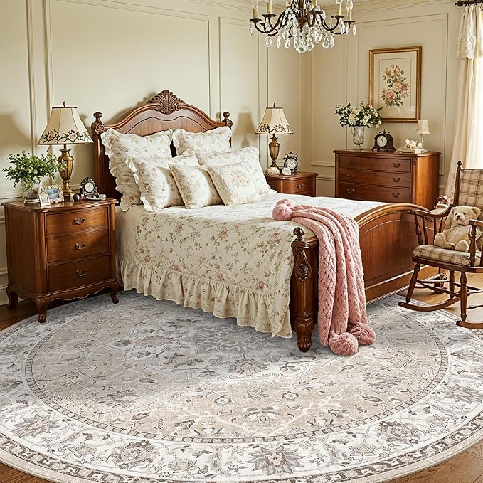 7x7 Living Room Area Rug: Washable Oriental Printed Soft Round Rug - Image 2