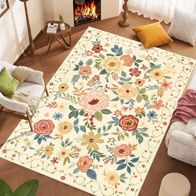 DUKINO 5x7 Area Rug Floral Washable Living Room Rug Non Slip Beige Yellow | Soft - Image 9