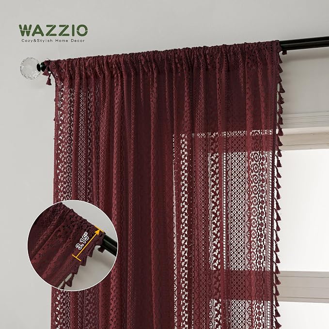 WAZZIO Boho Lace Curtains 84 Inches 2 Panel, Light Filtering Privacy Tassel & - Image 3