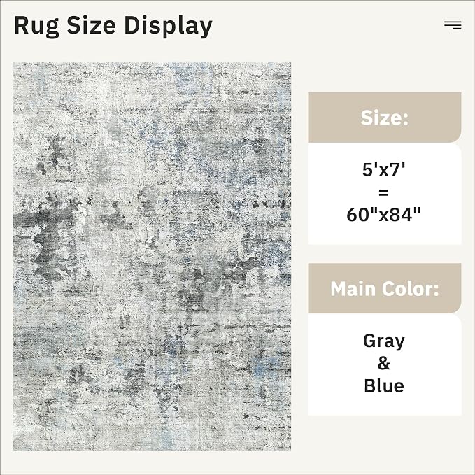 Abstract Rug 5x7 Machine Washable Area Indoor Grey Low Pile Non-Slip Foldable - Image 5