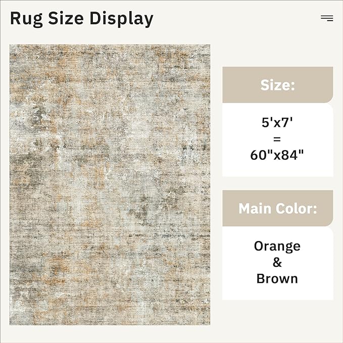 Abstract Rug 5x7 Machine Washable Area Indoor Orange Low Pile Non-Slip Foldable - Image 5