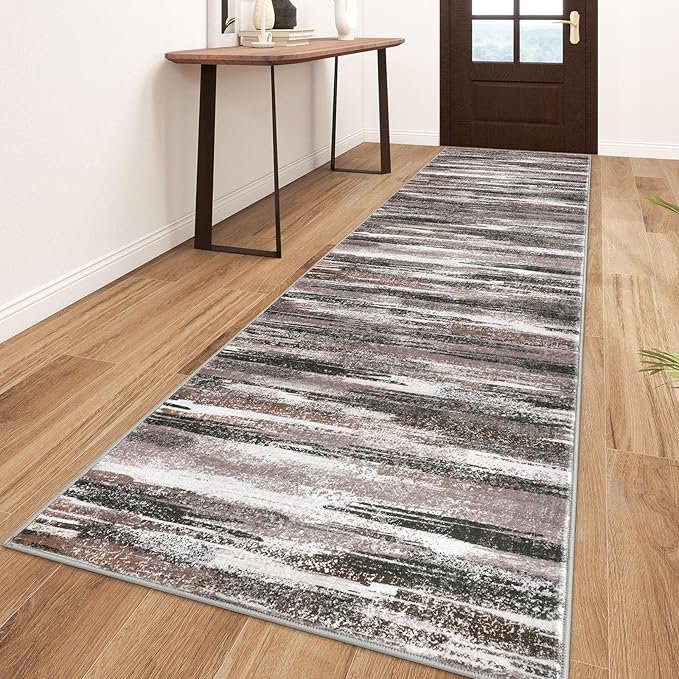 Lansny Modern Abstract Runner Rug 3x10, Dark Light Brown White Washable Kitchen by lansny