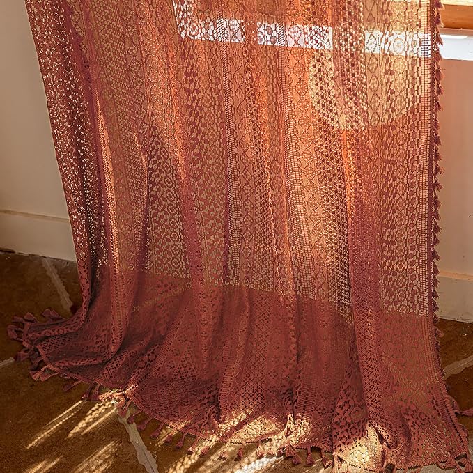 WAZZIO Boho Lace Curtains 84 Inches 2 Panel, Light Filtering Privacy Tassel & - Image 6