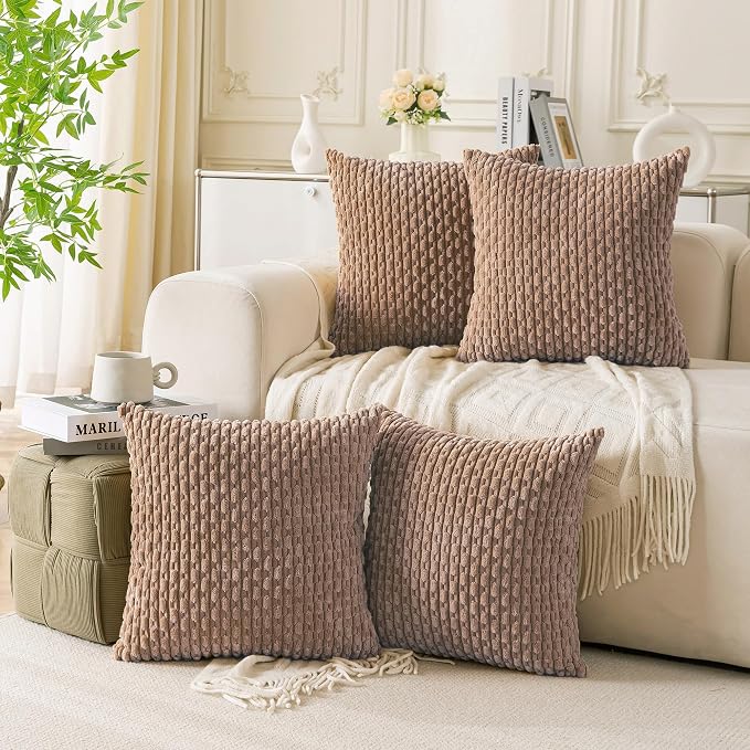 Set of 4 Light Brown Decorative Throw Pillow Covers 18x18 Inch Corduroy Pillow by Cozoomy