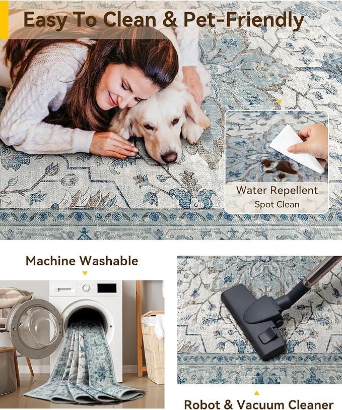Area Rugs 6'x9' Washable Non-Slip, Floral Vintage Distress Print Pattern - Image 4