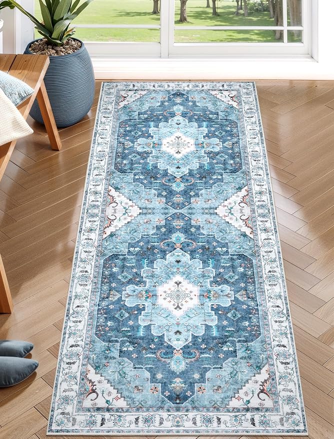 SERISSA Boho Washable Runner Rug, 2x5 Rug Non-Slip Vintage Blue Hallway Kitchen by SERISSAHomeDecorCollection