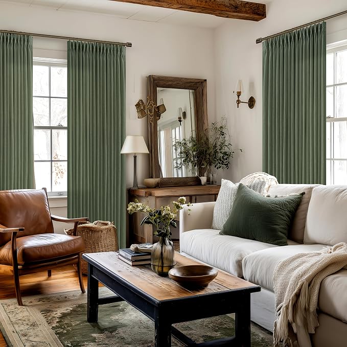 Olive Green Linen Pleated Curtains Semi Sheer Boho Curtain 50Wx80L 2 Panels | - Image 8