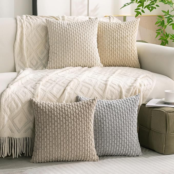 Set of 4 Neutral Decorative Throw Pillow Covers 20x20 Inch Corduroy Pillow - Image 9