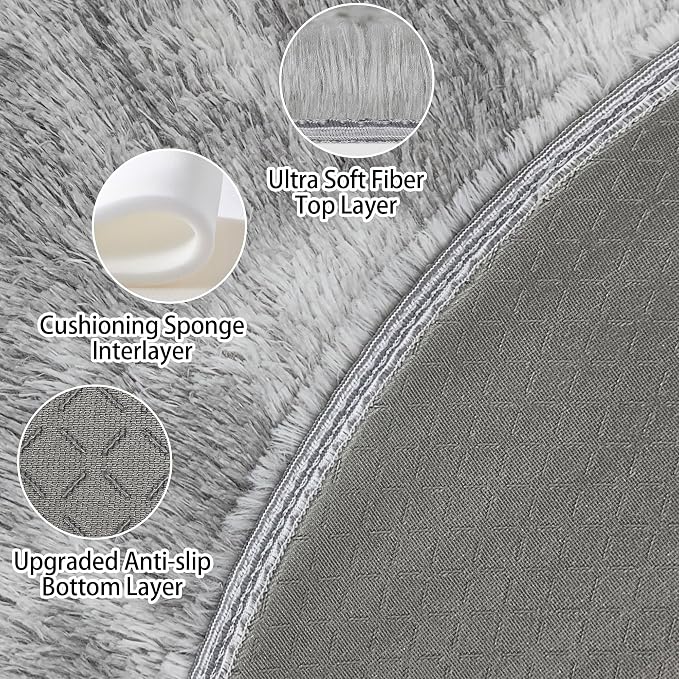 Tie Dye Grey Round Rugs Small 2x2 ft Fluffy Circle Rug Furry Carpet Shaggy - Image 4