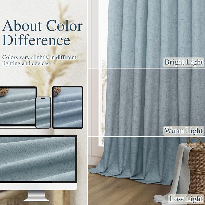 Guken Blue 100% Blackout Linen Curtains 80 Inch Length 2 Panels Set - Image 7