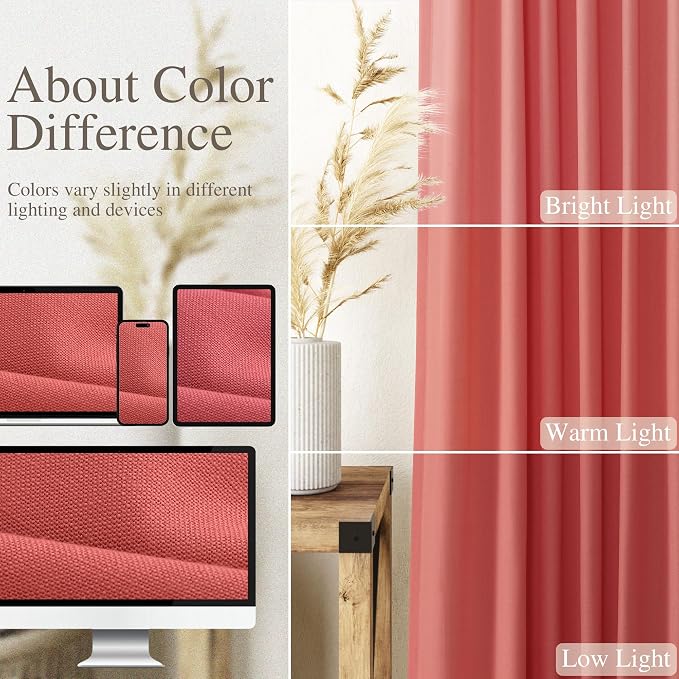 Nanspring Watermelon Red Linen Curtains 84 Inch Length 2 Panels Set, Back Tab - Image 4