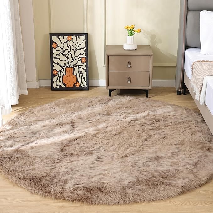 ORINOVA Beige Round Rugs 6ft Fuzzy Faux Sheepskin Washable Fluffy Fur Area Rugs by ORINOVA