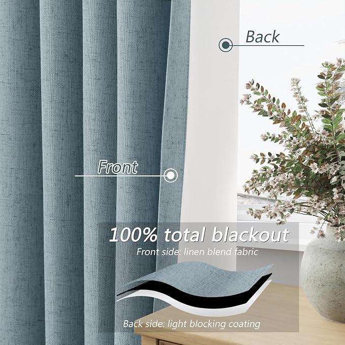 Guken Blue 100% Blackout Linen Curtains 132 Inch Length 2 Panels Set - Image 3