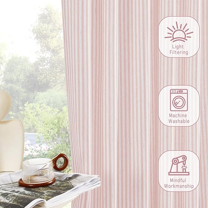 RYB HOME Linen Cafe Curtains 24 inch Length, Kitchen Farmhouse Striped Tier - Image 4