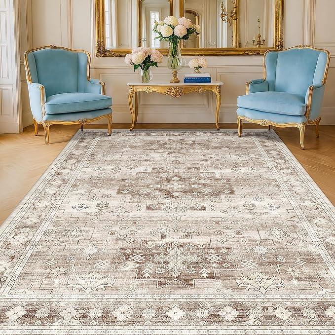 Washable Neutral Farmhouse Living Room Rug, 5x7 Area Rugs by HazoHaus