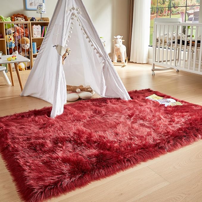 AMTOVO Faux Fur Sheepskin Rug for Living Room, 4 x 6 ft Burgundy Fluffy Area - Image 6