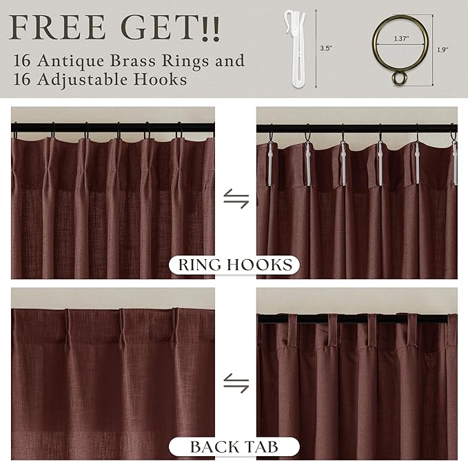 Pinch Pleat Linen Textured Reddish Brown Semi Sheer Curtains 120 Inch Long | - Image 3