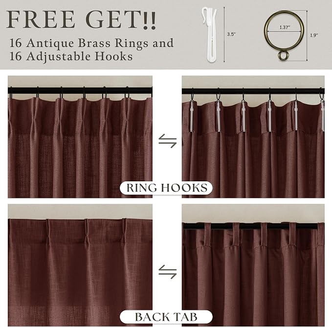 63 Inch Memory Train Linen Pleat Semi Sheer Reddish Brown Kitchen Curtains | - Image 2
