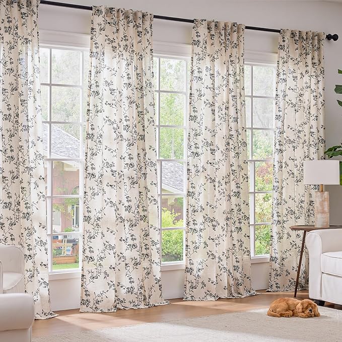 Lazzzy Farmhouse Linen Curtains Black Floral Curtains 84 Inch Length Back Tab - Image 3