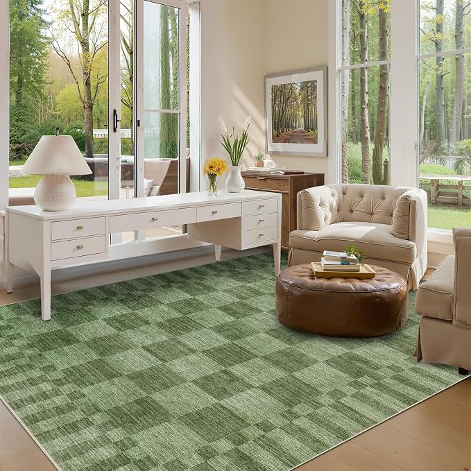 GarveeHome Moss Green Checkered Rug 5x7 Area Rug Washable Geometric 5x7 Rug | - Image 2