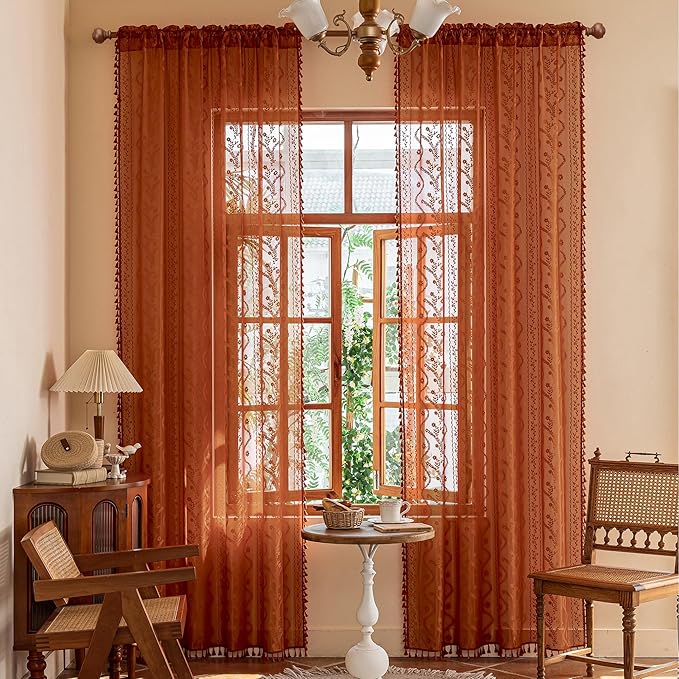 WAZZIO Boho Lace Curtains 80 Inch 2 Panels-Vintage Sheer Panel Drape Floral - Image 3